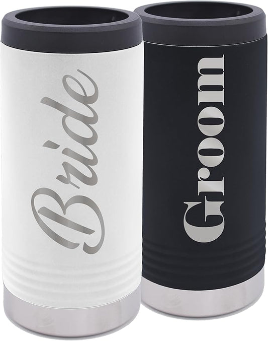 My Personal Memories Bride and Groom Insulated Travel Tumbler Set of 2 - Engraved To Go Cup Gift for Wedding, Rehearsal Dinner Party, Honeymoon, Reception (12 oz Slim Can Cooler Set)