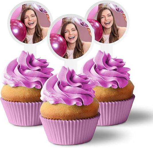 Custom Photo Cupcake Toppers, Plastic Personalized Cupcake Picks 2x4 Inches, Upload 1 Photo, American Made (Circle Shape) (400)