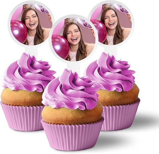 Custom Photo Cupcake Toppers, Plastic Personalized Cupcake Picks 2x4 Inches, Upload 1 Photo, American Made (Circle Shape) (300)