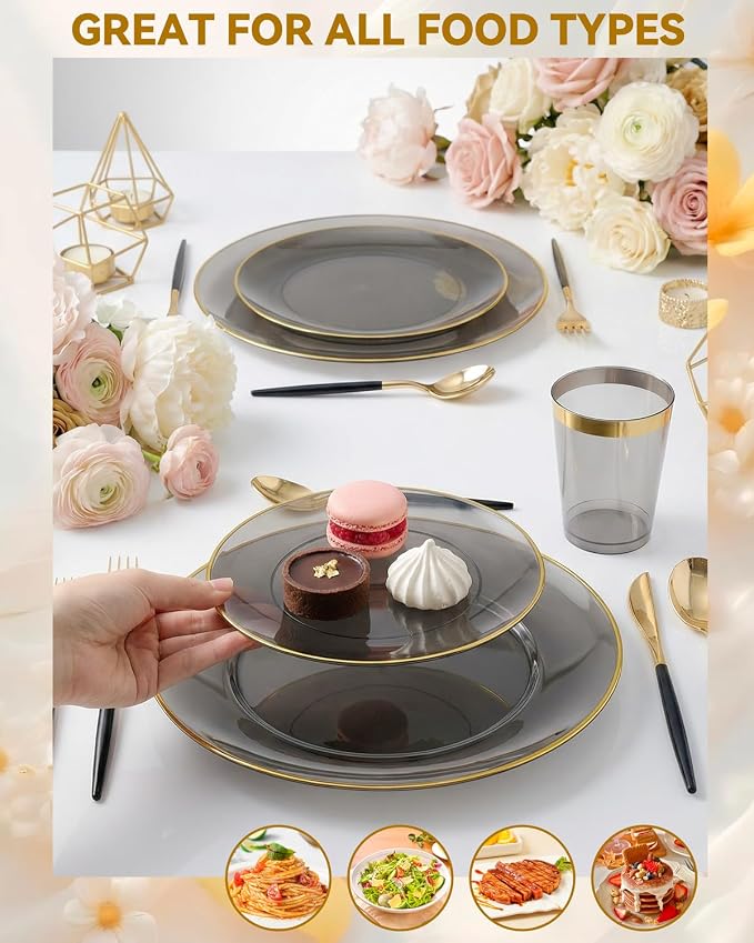 Supernal 180PCS Black and Gold Plastic Dinnerware Set for 30 Guests - Elegant Disposable Plates with Gold Plastic Silverware & Cups - Heavy Duty Party Supplies for Graduation, Wedding, and Anniversary