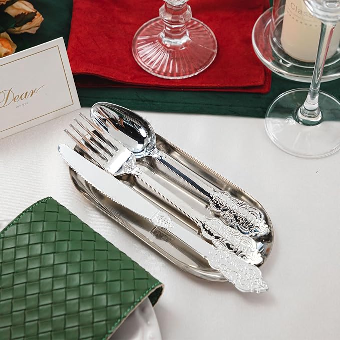 N9R 120PCS Silver Plastic Silverware, Heavy Duty Plastic Cutlery for Parties, Fancy Disposable Flatware Set Includes 40 Forks, 40 Spoons, and 40 Knives, Perfect for Weddings, Dinners, Picnics, Party
