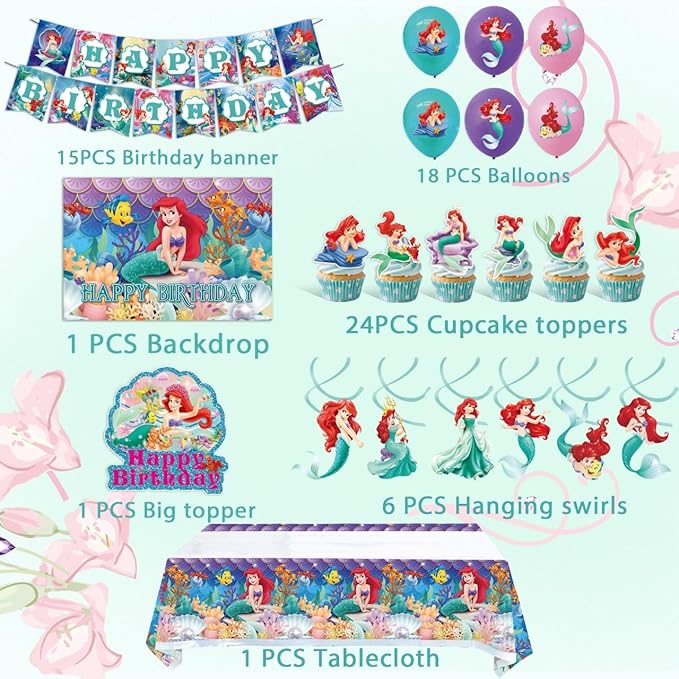 Ariel Birthday Party Supplies, Party Decorations Set Include Banner, Backdrop, Tablecloth, Balloons, Hanging Swirls, Cake Cupcake Toppers for Girls Little Mermaid Party Decorations