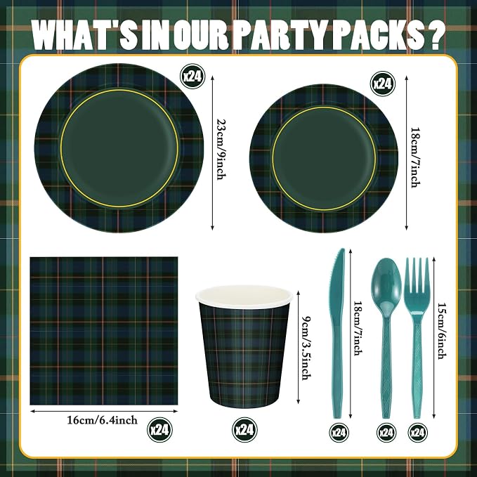 168 Pcs Green Blue Tartan Plaids Baby Shower Decorations We Can Bearly Wait Birthday Tableware Set Navy and Green Plaid Disposable Paper Plates Cups Utensils Serves 24