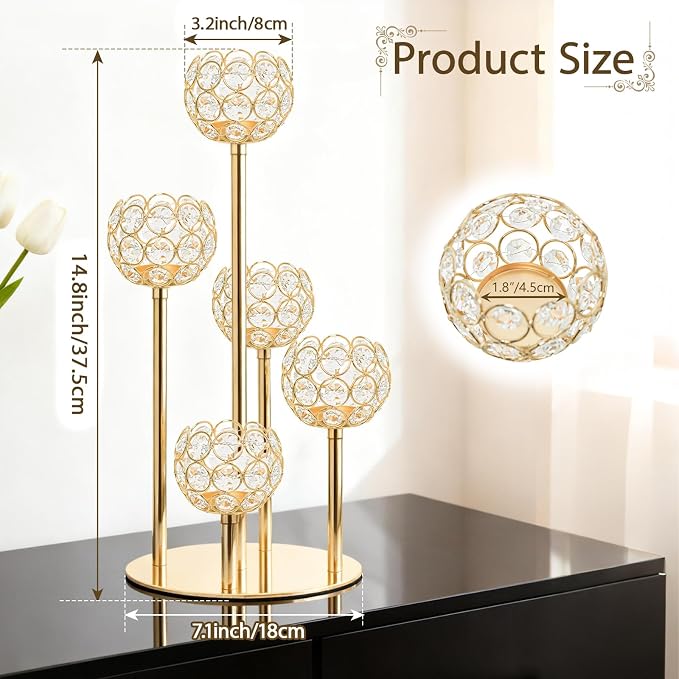 5-Arm Crystal Tealight Candelabra Centerpiece, 14.8 Inch Metal Candle Holder for Table Decor, Wedding, Christmas, Party, Anniversary & Home Decoration (1, Gold, S-14.8 in)