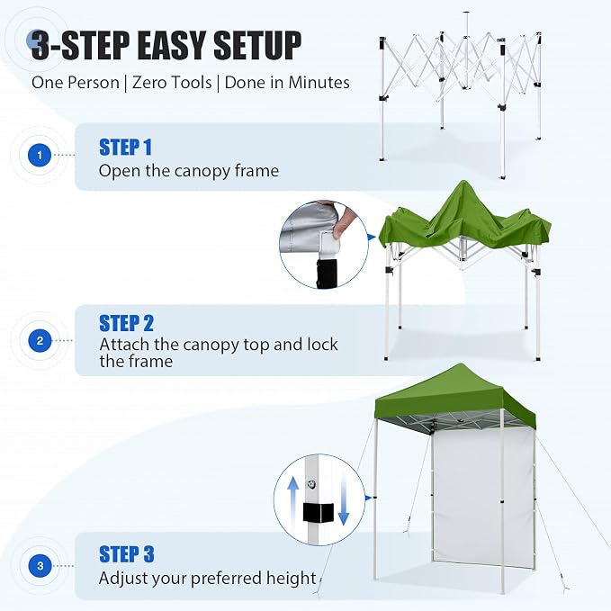 EAGLE PEAK Pop up Canopy 5x5, Outdoor Portable Canopy Tent with One Removable Sunwall, Carry Bag Included, Grass Green
