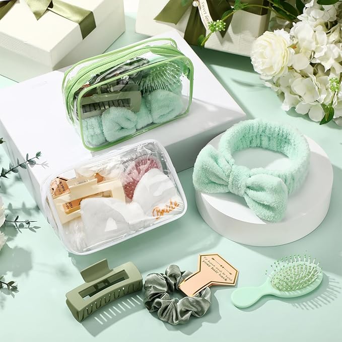 40 Pcs Bachelorette Favor Set Include Headband Scrunchies Hair Claw Clips Hairbrush and Makeup Bag for Bridal Shower Party Gifts Bridesmaid Wedding Supplies (White and Green)