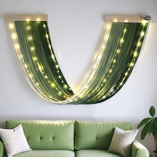 OakHaomie Macrame Fairy Lights Battery Operated with Remote,Large Macrame Wall Hanging with 20ft 100 LED String Lights,Green Gradient Warm White Light for Living Room,Bedroom,Christmas,Holiday Deco