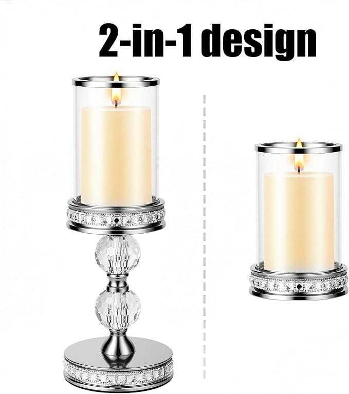 12.4" Tall Hurricane Candle Holder, Pillar Candle Holders with Glass Sleeve with Gift Box, Crystal Candle Stands for Home Warming, Weddiing, Dining Room Decor, Table Centerpiece (2, Silver, M)