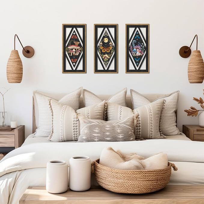 IARTTOP Framed Mushroom Butterfly Gothic Wall Art Set of 3 8"x16" Vintage Dark Academia Cottagecore Wood Wall Decor Witchy Moon Wild Botanical Boho Home Decor for Bedroom Farmhouse Living Room