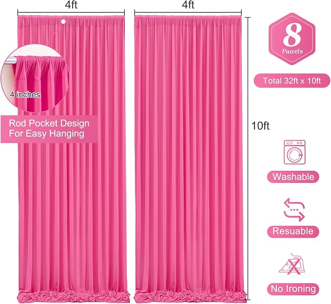 Hot Pink Backdrop Curtain 8 Panels-Wrinkle-Free Polyester Photography Drapes for Wedding Party Photo Background Decorations- 32 X10FT (Hot Pink)