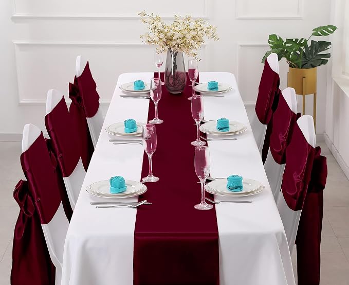 Horbaunal 24 Pack Burgundy Satin Table Runner 12 x 108 Inch, Smooth Table Runners for Wedding Banquets Birthday Party