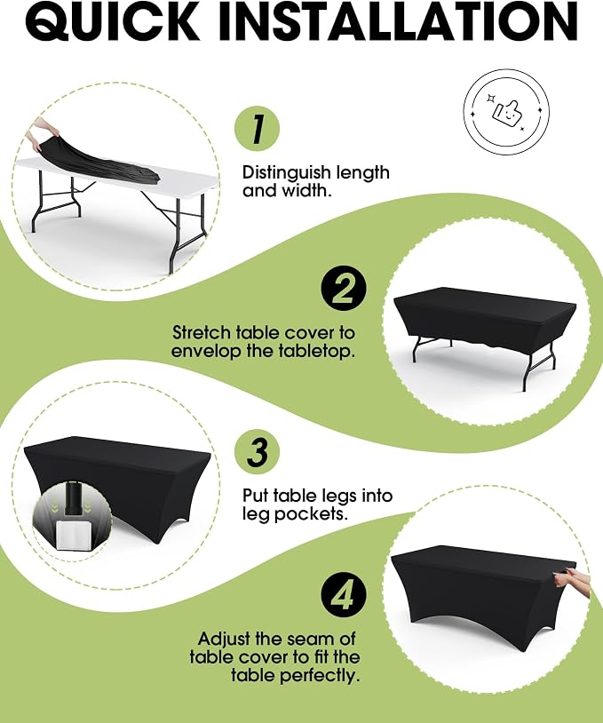 Pureegg Spandex Tablecloth 6ft - 6 Pack, Fitted and Stretch Table Cover for Rectangle Tables, Wrinkle-Resistant and Secure Fabric for Outdoor, Picnic, Party, Wedding, Banquet and Birthday, Black
