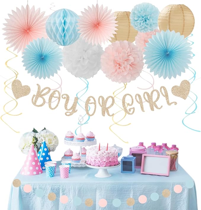 Light-Pink Blue Champagne Gender-Reveal Party-Decorations - 22pcs Boy Or Girl Banner,Neutral Paper Lanterns Streamers,Tissue Pom Poms Flowers Fans Bear Theme Decor Supplies Hugmoon