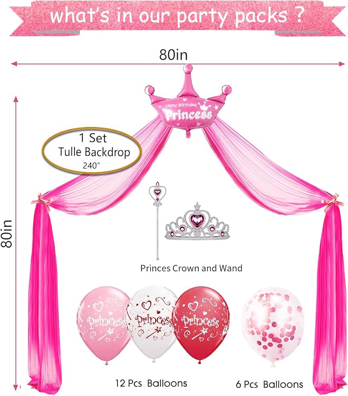 Princess Birthday Party Decorations for Girls Include Balloon Arch, Banner, Backdrop, Tablecloth, Tulle, Crown, Wand, Sash, Cake Topper Party Supplies