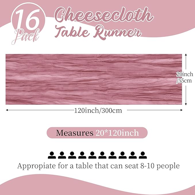 16 Pack Dusty Rose Cheesecloth Table Runners 20x120 Inch Gauze Table Runner 10FT Easter Cheese Cloth Table Runner Rustic Sheer Runner for Wedding Baby Shower Birthday Party Table Decor