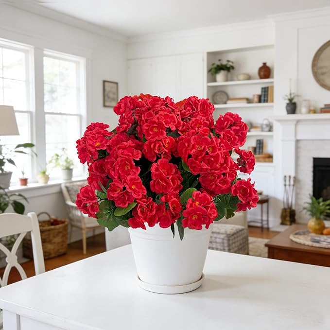 Ouddy Decor Artificial Geranium Flowers for Outdoors, Fake Silk Flowers UV Resistant Faux Geraniums for Vase Planter Garden Patio Balcony Porch Indoor Outdoor Spring Summer Home Decor, 24 Pcs Red