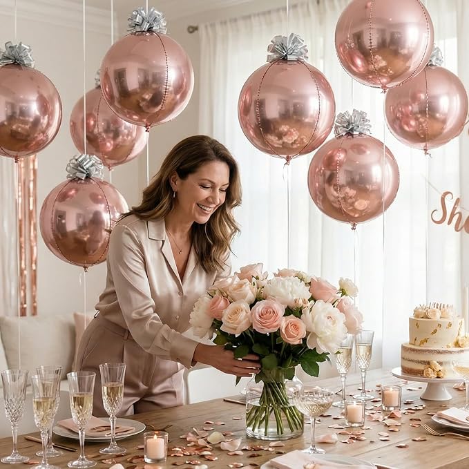 6 Pack Rose Gold 4D Orb Balloons - 22 Inch Large Metallic Sphere Mylar Balloons with Pull Bows, Hanging Ceiling Decorations for Bridal Shower, Bachelorette Party, Wedding & Engagement Decor