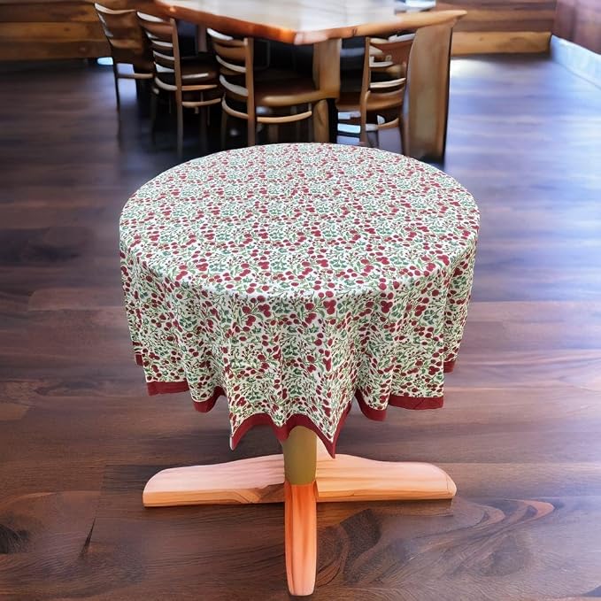 Ridhi Round Tablecloth Hand Block Print 100% Cotton Reusable Garnet Red 60 Inch Table Cover Decorative Everyday Use for Dining, Home, Party, Wedding, Farmhouse, Party Gift for Spring, Mother's Day