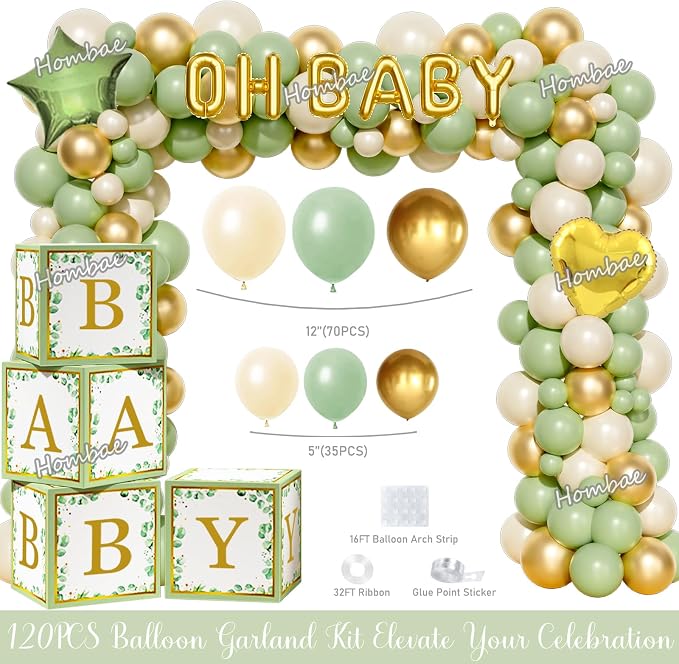 Hombae Sage Green Baby Shower Decorations, Gender Neutral Greenery Baby Shower Decorations, Welcome Baby Backdrop Green Gold Balloon Banner Tablecloth Cake Cupcake Topper Mommy to Be Sash Boxes