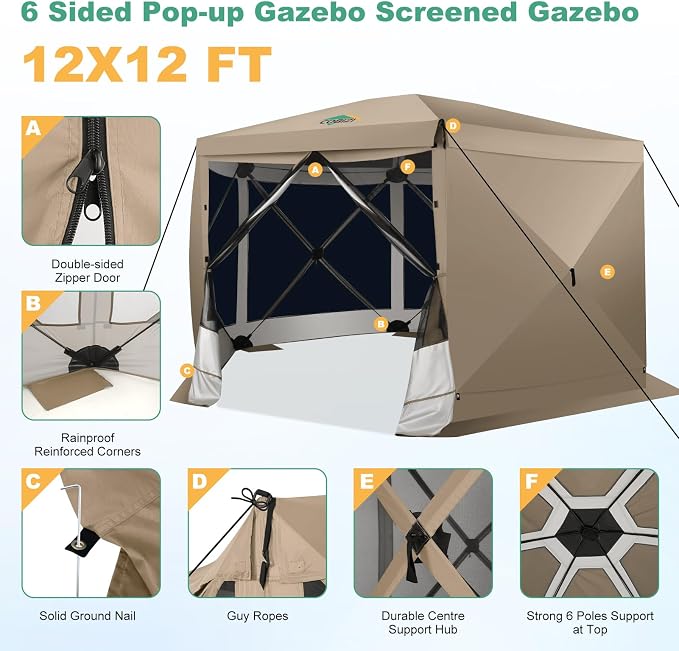 COBIZI 12x12 FT Pop Up Canopy Extendable Tent, Gazebos On Clearance with Removable Roof, Screened in Gazebo with sidewalls, Screen Tents Portable carpas para Patio for Outdoor Camping,Backyard,Khaki