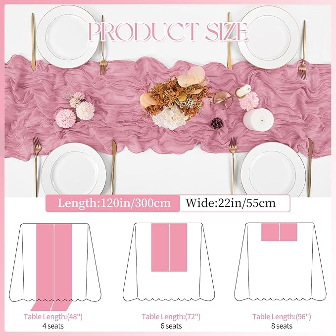 16 Pack Dusty Rose Cheesecloth Table Runner 120 Inch 10FT Spring Boho Rustic Sheer Gauze Cheese Cloth Table Runner for Wedding Baby Shower Birthday Party Table Decor