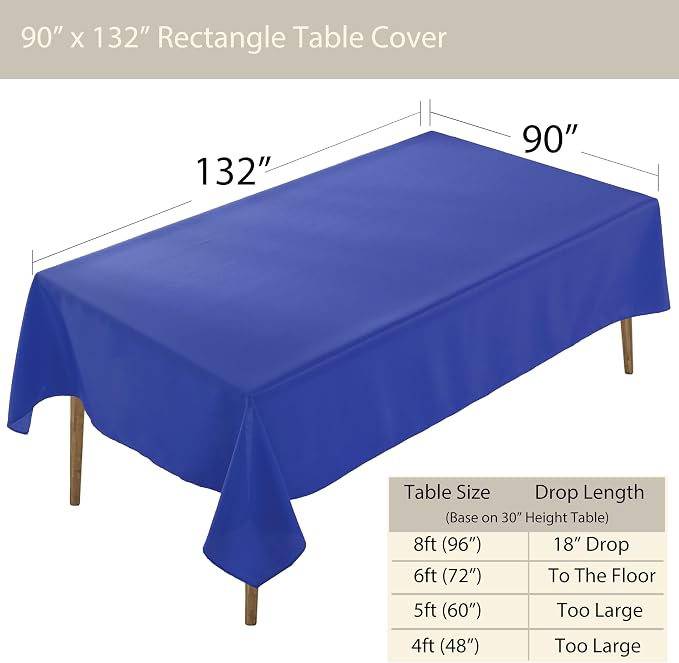 5 Pack Rectangle Tablecloth - 90 x 132 Inch Royal Blue, 8ft Rectangle Table Cloth - Polyester Fabric Washable for Home, Party, Wedding or Restaurant Use