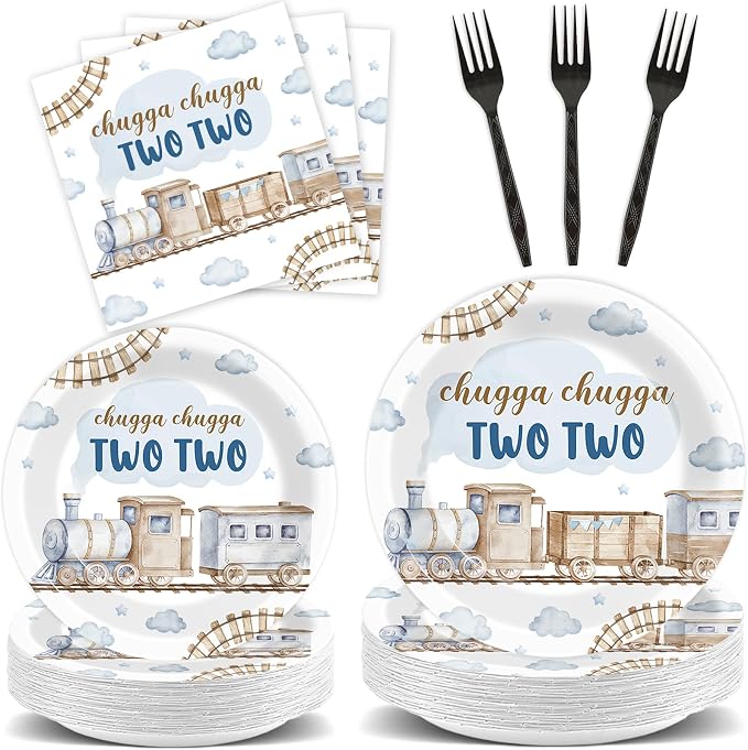 96Pcs Chugga Chugga Two Two Birthday Party Supplies Watercolor Train 2nd Year Old Paper Plates and Napkins Choo Choo I'm 2 Tableware Disposable Dessert Dinnerware Set for Birthday Decor for 24 Guests
