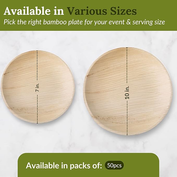 7" Round Bamboo Plates - 50 Pack Disposable Bamboo Plate, Compostable & Eco-Friendly Plates, Natural Bamboo Style, Sturdy & Leak Resistant, Bulk Party Pack for Picnics, Events & Weddings