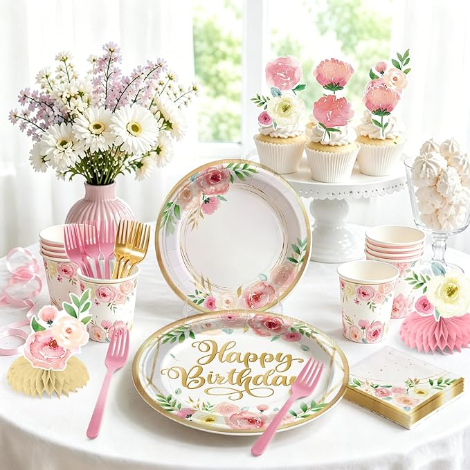 175Pcs Floral Birthday Decorations Set - Serves 20 Guests - All-in-One Flower Theme Birthday Party Decorations Kit with Balloons, Banner, Cake Topper, 350gsm Plates, Tablecloths, Backdrop