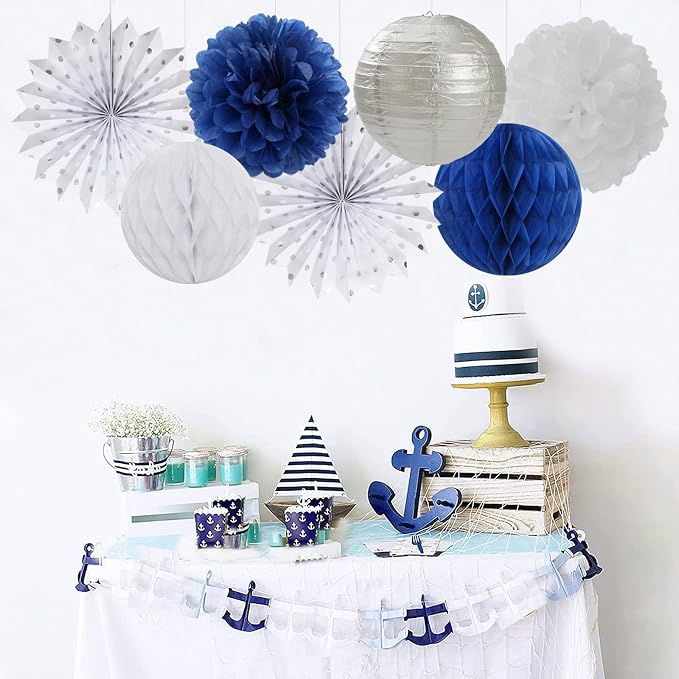 Navy-Blue White Silver Party Decorations - 14pcs Kits Paper Lanterns Fan,Tissue Flower Pom Poms Streamers,Honeycomb Balls,Graduation 2026 Men Birthday Wedding Baby Bridal Shower Decor Lasting Surprise