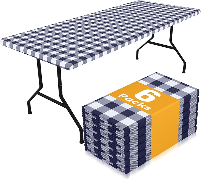 Smiry Picnic Table Cloth 6 Pack, Waterproof Elastic Fitted Tablecloths for 24x48 Rectangle Tables, Washable Polyester Buffalo Plaid Tablecloth for Camping, Dining & Outdoor (Navy & White, 24" x 48")