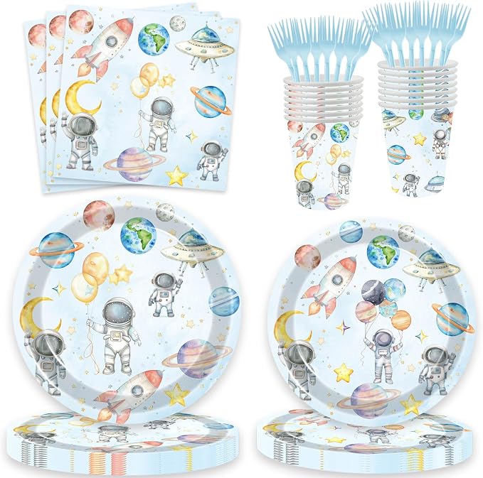 100 Pcs Outer Space Birthday Party Supplies - Plates Napkins Forks Paper Cups for Space Galaxy Astronaut Theme Boys 1st 2nd 3rd 4th 5th 6th 7th Birthday Decorations (20 guests)
