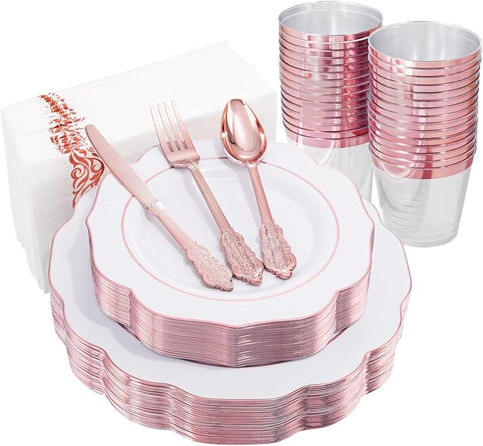 NOCCUR 175PCS Rose Gold Plastic Plates with Disposable Silverware - Include 25Dinner Plates, 25Dessert Plates, 25Forks, 25Knives, 25Spoons, 25Cups, 25Napkins for Party/Mother's Day