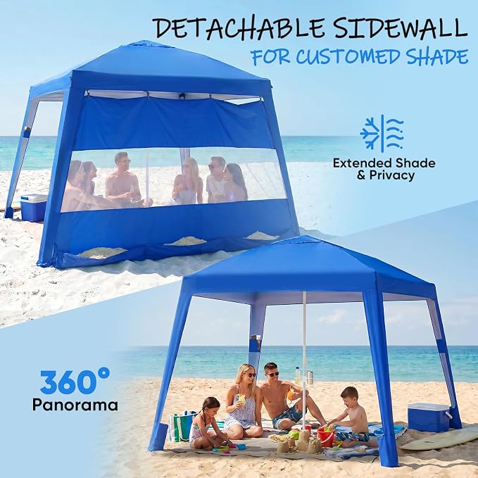 Sekey Beach Cabana - 8x8 FT Easy Setup Beach Shade Canopy UPF 50+ Sun Shelter with Sandbag & Side Wall, Large Portable Outdoor Tent for Family, Blue