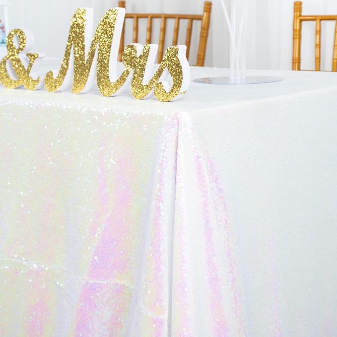 ShiDianYi Iridescent White Tablecloth 90X156 Inch Sequin Tablecloths for Birthday Baby Shower Decor White Table Cloth for Rectangle Table Shimmer Mermaid Linen Rectangular
