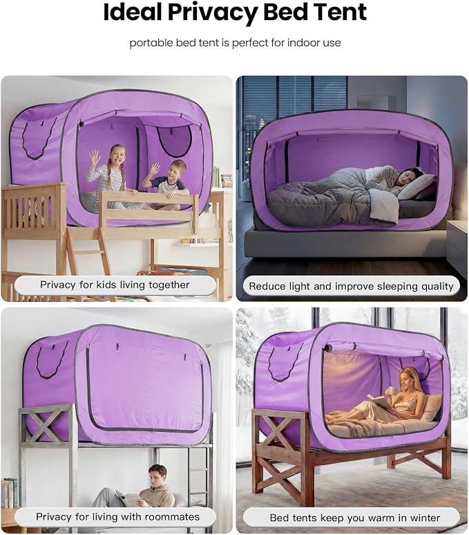 ANC POP Bed Tent Twin Bed Canopy Portable Dream Tent for Adult Indoor Sleeping Tents with 2 Doors Breathable Private Space Tents, Violet