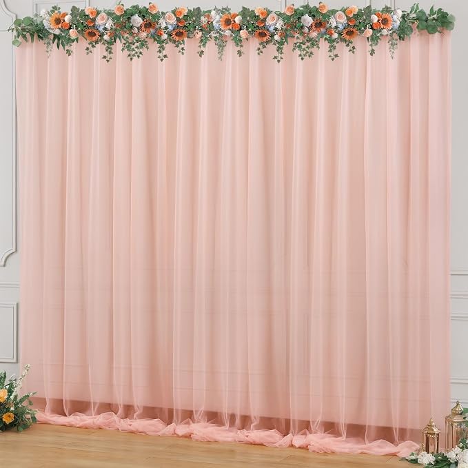 10x10ft Peach Tulle Backdrop Curtain for Parites, Sheer Backdrop Curtains for Wedding Baby Shower Birthday Party Photo Shoot Decorations