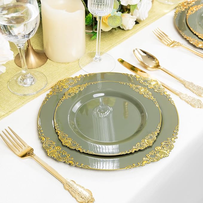 125PCS Olive Green Plastic Plates - Green and Gold Disposable Plates - Vintage Plate with Gold Plastic Silverware Sets for 25 Guests for Wedding & Party & Holiday