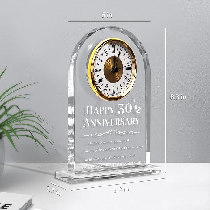 30th Wedding Anniversary Clock Gifts for Couples - Elegant Crystal Glass Clock Keepsake for Husband & Wife - Unique Home Decor for 30 Years of Marriage