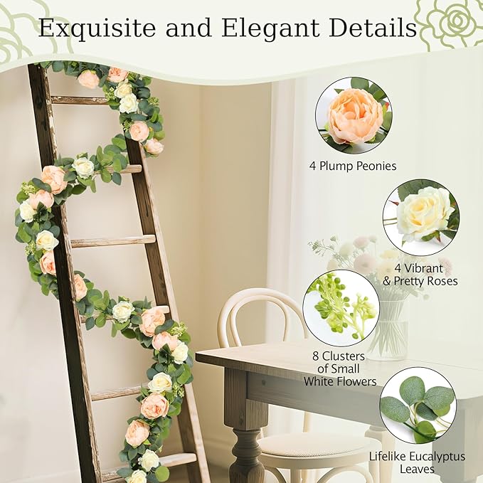 Lewondr Artificial Eucalyptus Garland with Flower - 4 Rose 4 Peony, 6FT Faux Floral Greenery Garlands Fake Flowers Vines, Maintenance-Free for Wedding Table Backdrop Party Room Decor, Mixed Champagne