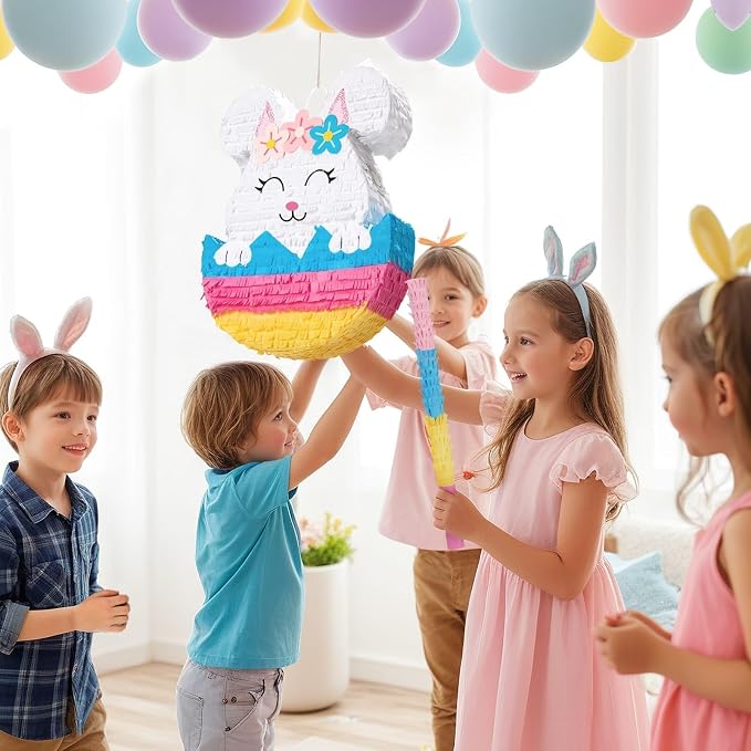 WERNNSAI Easter Bunny Piñata - Easter Rabbit Piñata Spring Pinata with Blindfold and Stick for Birthday Party Decoration Baby Shower School Activities Game Spring Party Game