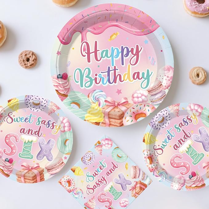 330pcs Sweet Sassy and Six Birthday Decorations with Tableware Set, Banner, Hanging, Tablecloth, Cake Topper, Centerpieces, Balloon, for 6 Year Old Girl Birthday Decorations, Serves 50