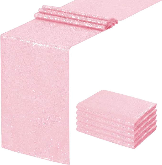 Sequin Table Runners 5 Pieces Pink Table Runners 12x72 Inch Glitter Dining Table Cover for Party Wedding Birthday Reception Banquet Decoration Spring Valentine Party Chair Sashes