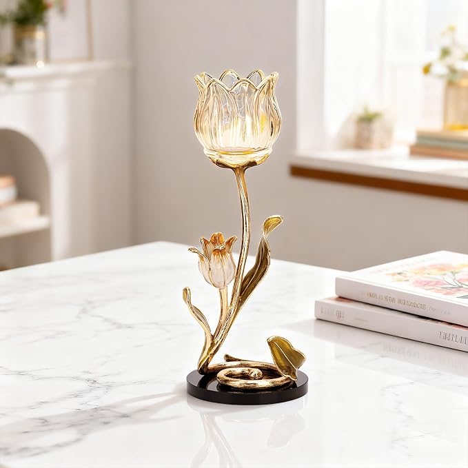 Luxury Crystal Base Glass Flower Candle Holder – Gold Plated Zinc Alloy with Enamel, Romantic Tea Light Holder, French Style Wedding Table Centerpiece, Home Decor