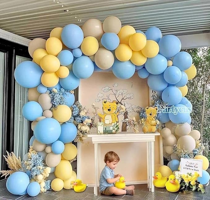 Blue Yellow Balloon Arch Kit Double Stuffed Light Yellow Pastel Blue White Sand Matte Balloon Garland for Baby Shower Bear Birthday Bridal to Bee Party Decoration