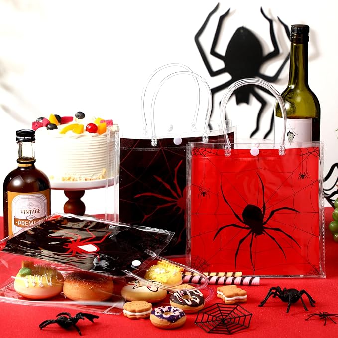 Teenyyou 24 Pcs Spider Party Favor Bags Bulk Spider Web Clear PVC Goodie Reusable Transparent Treat Snack Cookie Candy Bags with Handles for Birthday Party Supplies