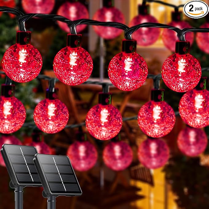 2-Pack 120 LED Red Solar String Lights Outdoor - 72FT Waterproof Solar Powered Crystal Globe Lights for Outside with 8 Lighting Modes for Patio Decorations, Garden, Party, Porch, Wedding, Yard