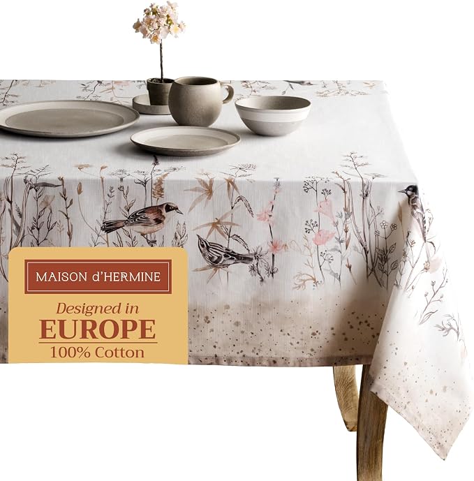 Maison d' Hermine Table Cloth Square Table 100% Cotton 54 x 54 Inches Tablecloth Reusable Decorative for Dining Kitchen Room Farmhouse Party Home Hotel Restaurant Spring Summer- Meadow Florals - Brown
