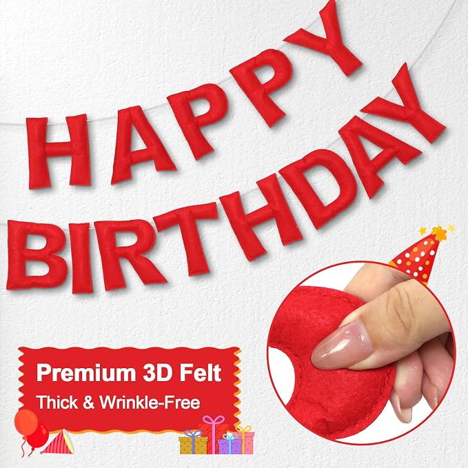 Pre-Strung Happy Birthday Banner & Felt Garland Set - Red Birthday Decorations for Women Girls | Reusable Party Supplies for Indoor & Outdoor