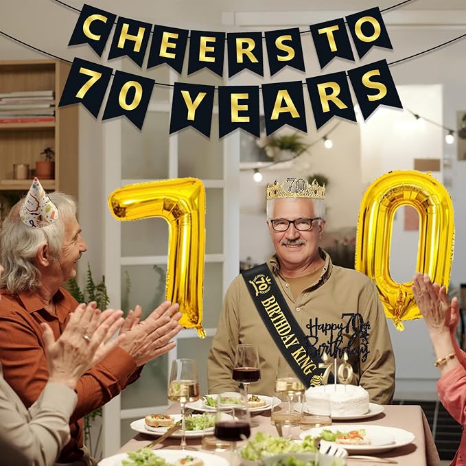 70th Birthday Gifts for Men, 70th Birthday Decorations for Men, Party Decor Supplies including King Crown & Sash & Banner & Balloons & Cake Topper & Candles